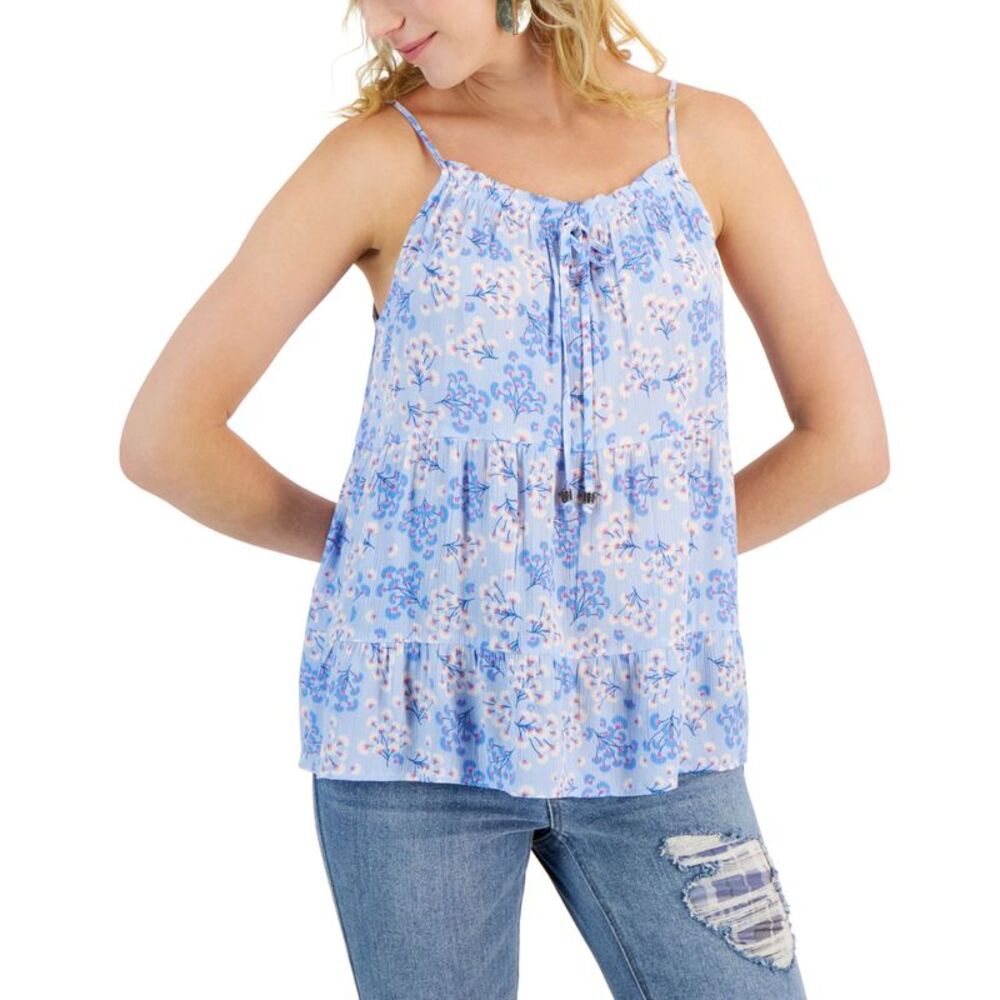 Hippie Rose Juniors' Printed Tiered Tie-Neck Top